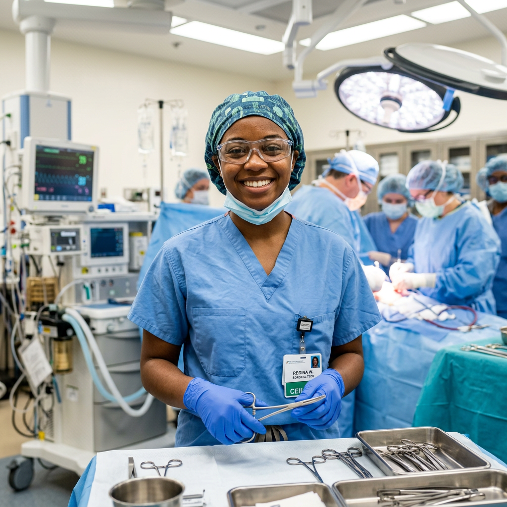 Scrub nurse in blue scrubs and gloves holding surgical tools in operating room